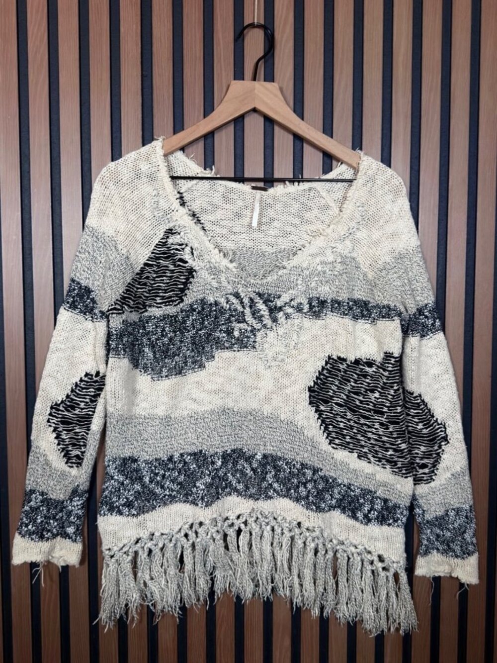 Free People Sweater Medium Beige Patchwork Fringe Hem Off Shoulder Knitted